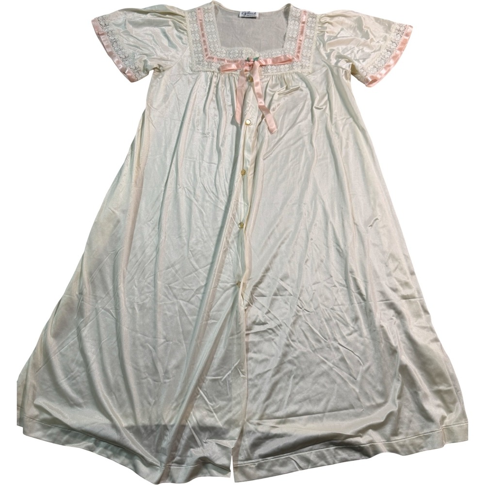 VTG Gilead Womens Lace Trim Short Sleeve Nightgown‎ Robe Button Front Small